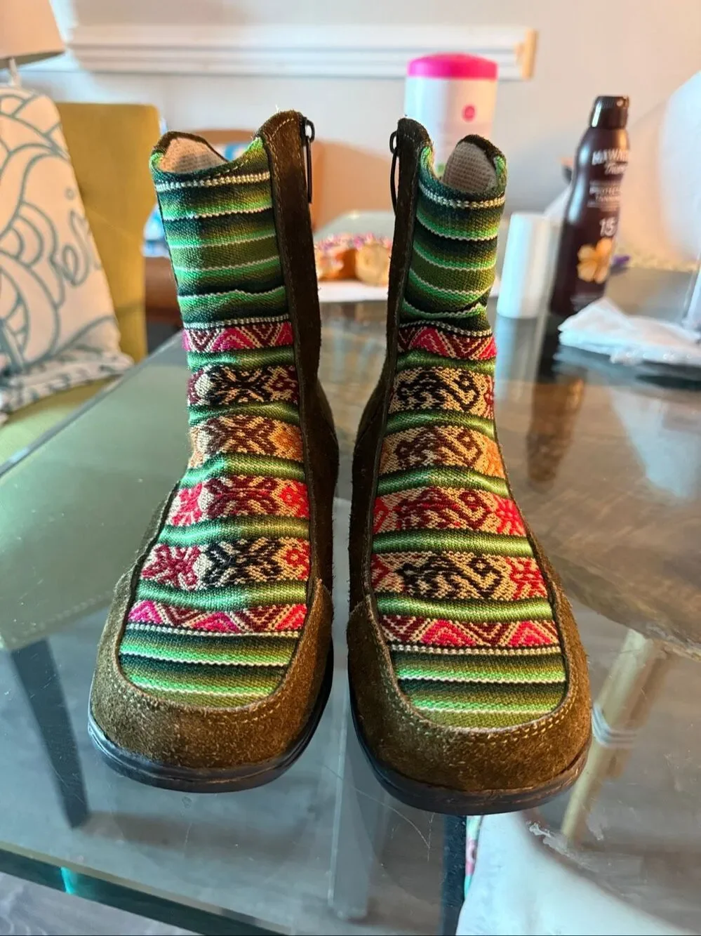 Creaciones Guilin Peruvian Hand Woven Moss Suede Boots sz 6